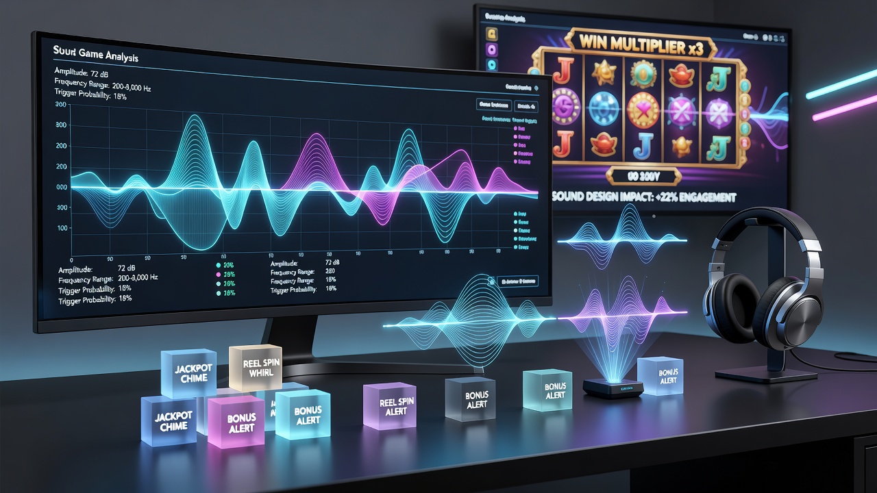 Digital slot game interface showing reels with overlaid sound wave visualizations and player interaction indicators