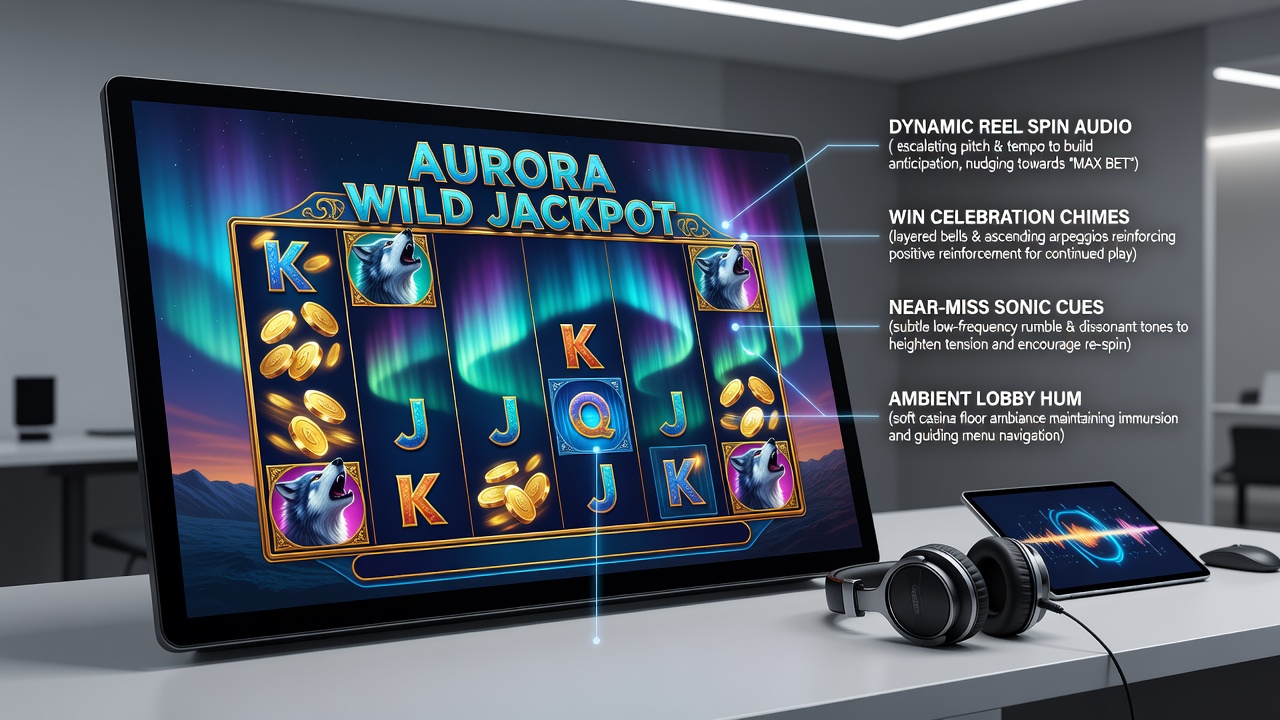 Close-up of slot game audio controls and waveform displays illustrating sound element layers