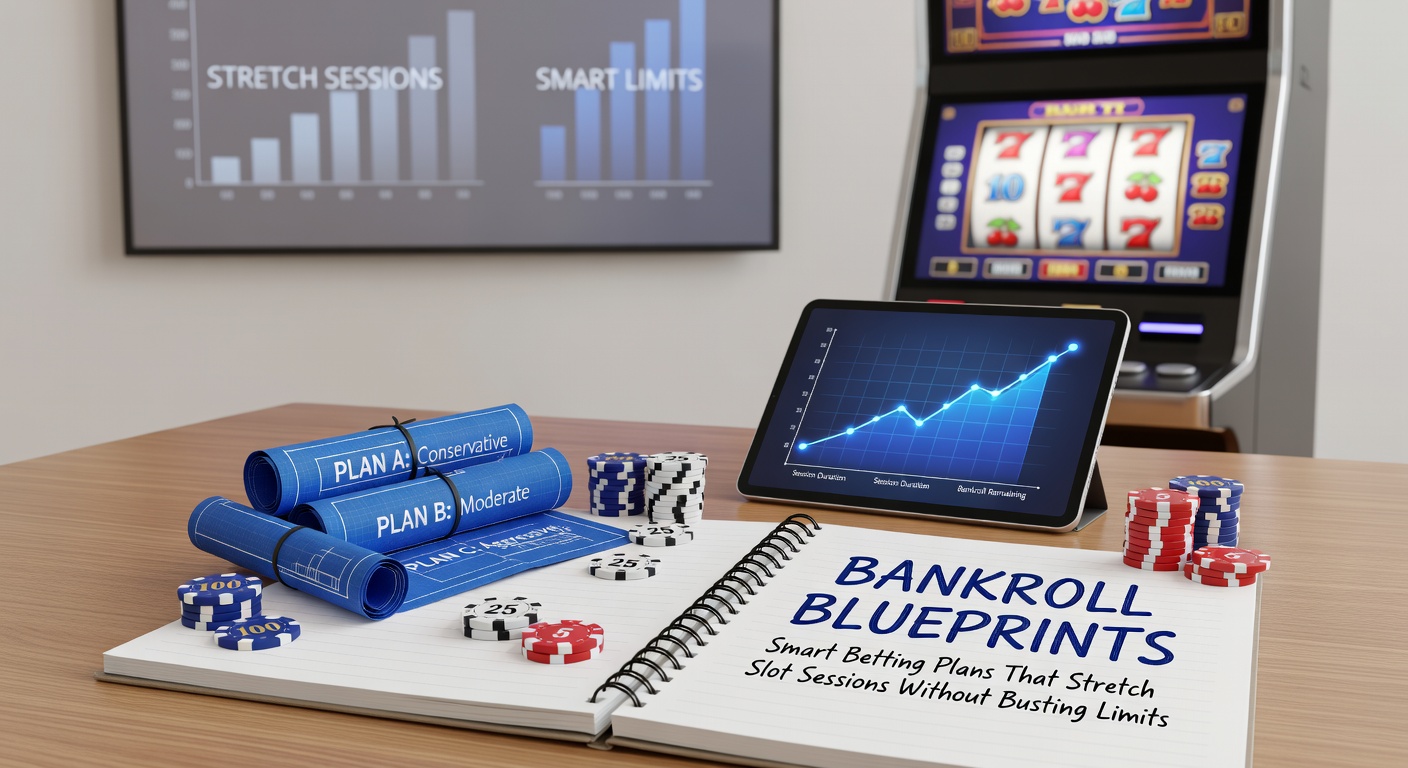 Colorful slot machine reels spinning with stacks of coins and a blueprint overlay showing betting charts and session timelines