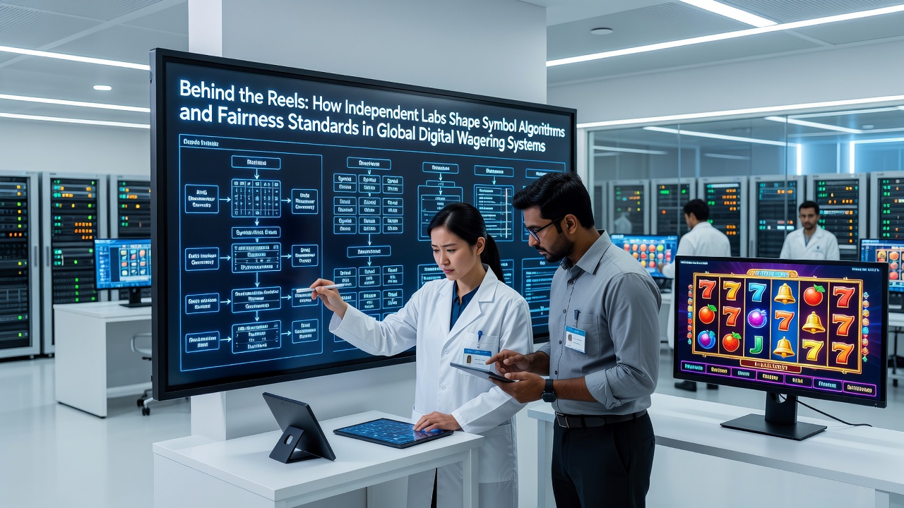 Independent testing lab engineers reviewing slot symbol algorithms and RNG outputs on multiple screens