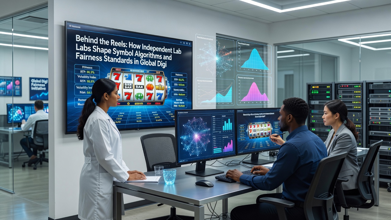 Technician conducting statistical analysis on slot fairness data in a certified laboratory environment