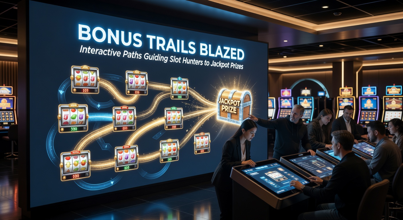 Close-up of a slot bonus trail interface with branching paths, glowing jackpots, and player choice arrows
