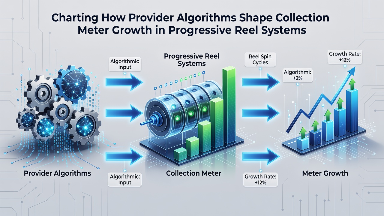 Technical diagram of progressive reel algorithms controlling collection meter increments and growth phases