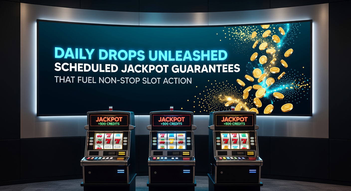 Vibrant slot machine reels displaying a massive daily drop jackpot payout, with timers ticking down and coins exploding across the screen