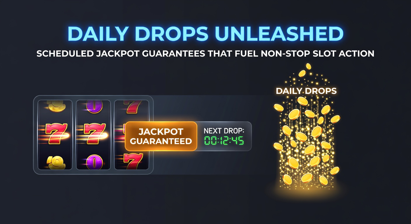Close-up of a slot interface showing daily drop jackpot meters ticking down across three tiers, with excited players' avatars crowding the lobby