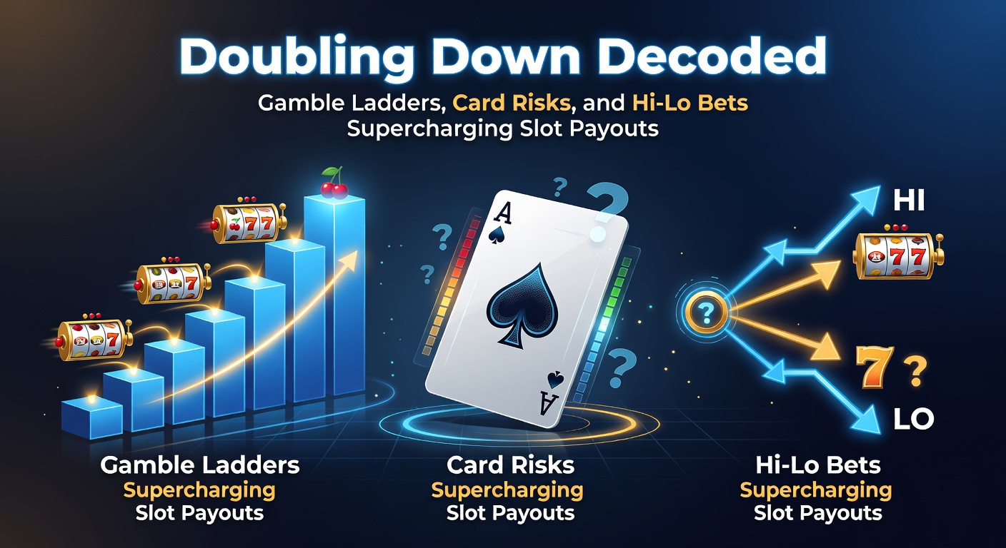Close-up of a slot gamble feature showing red-black card risk with animated flip and potential double-up arrow, alongside hi-lo suit predictions
