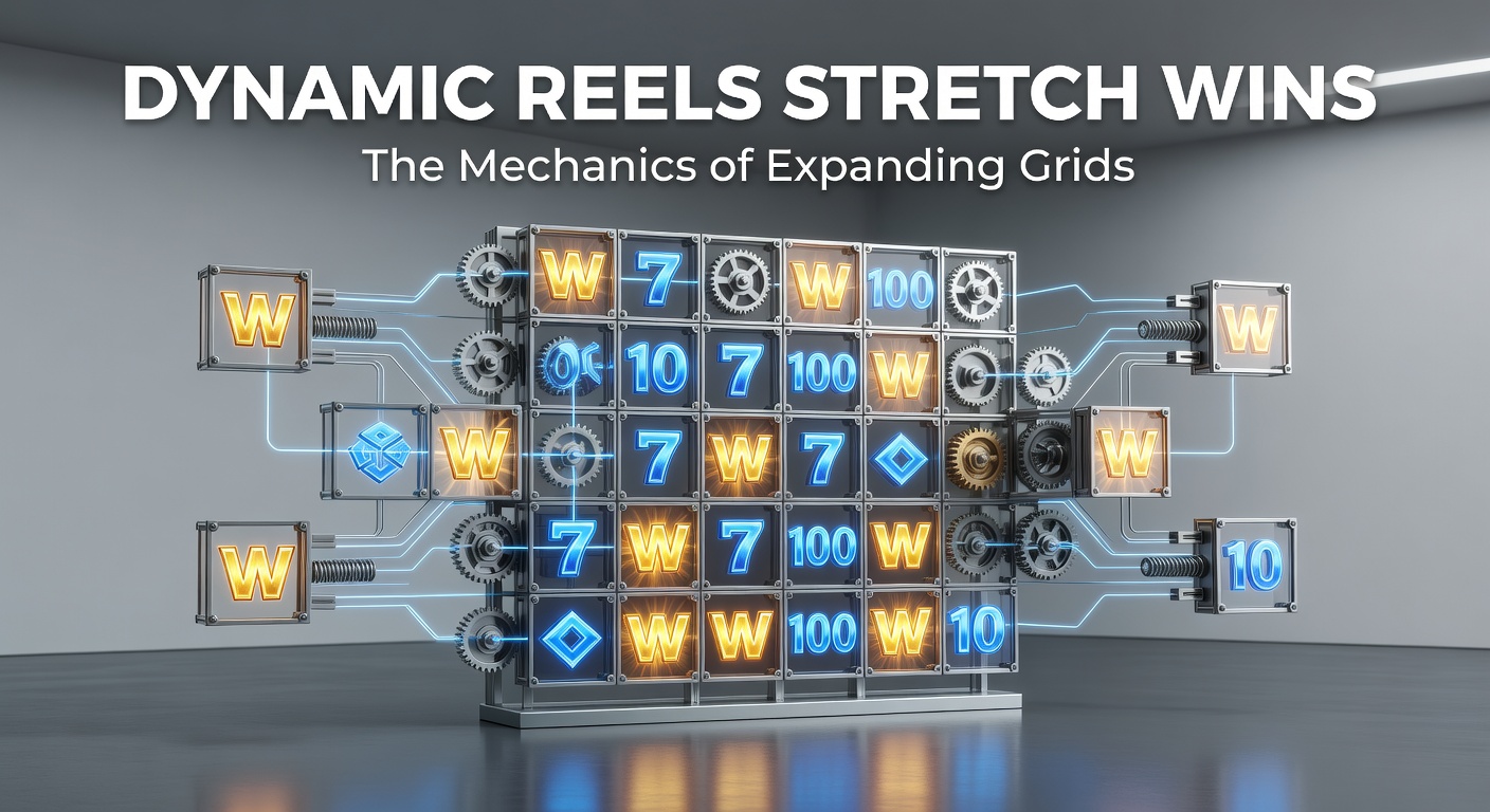 Vibrant slot screen displaying reels dynamically expanding from a standard 5x3 grid to an 8x6 formation mid-spin, with glowing symbols aligning for a massive win