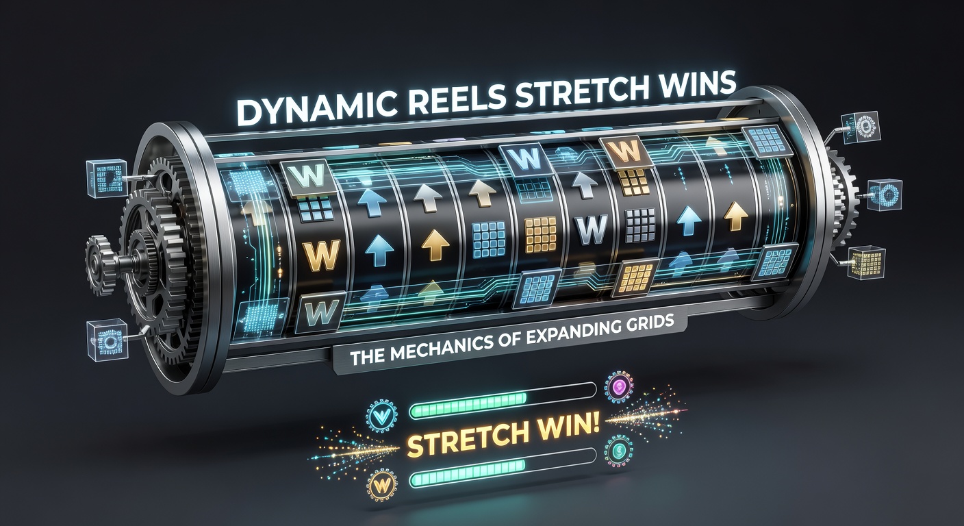Close-up of an expanding grid slot bonus round, showing reels stretching vertically with golden wilds and multipliers flooding the new rows for a chain of stretch wins