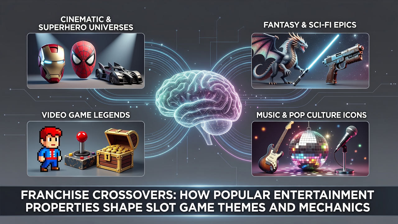 Slot game reels featuring franchise crossover themes from popular entertainment properties