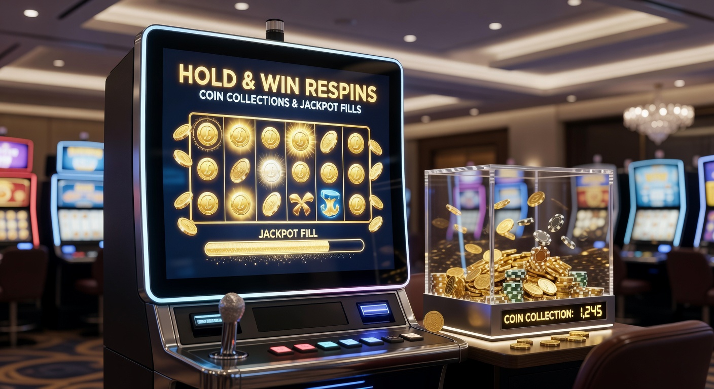Close-up of a Hold & Win bonus in progress, with multiple coin symbols locked on reels, respin counter at 1, and jackpot meters nearing full capacity