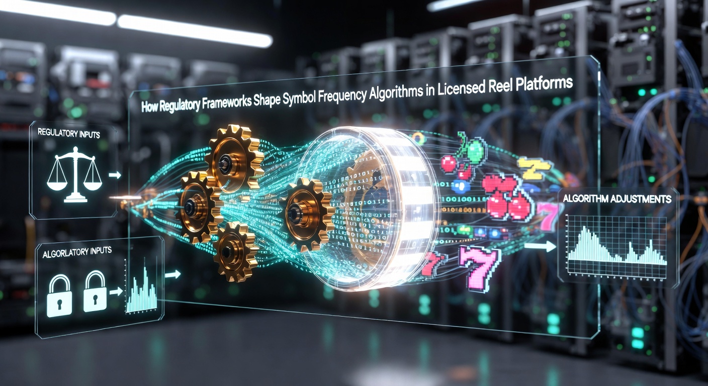 Illustration of regulatory documents overlaid on digital slot reels showing symbol probability adjustments