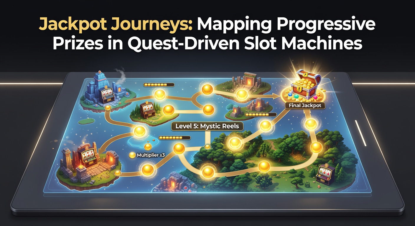 Vibrant slot machine screen displaying a quest map with glowing progressive jackpot counters and adventure symbols like treasures and paths leading to prizes