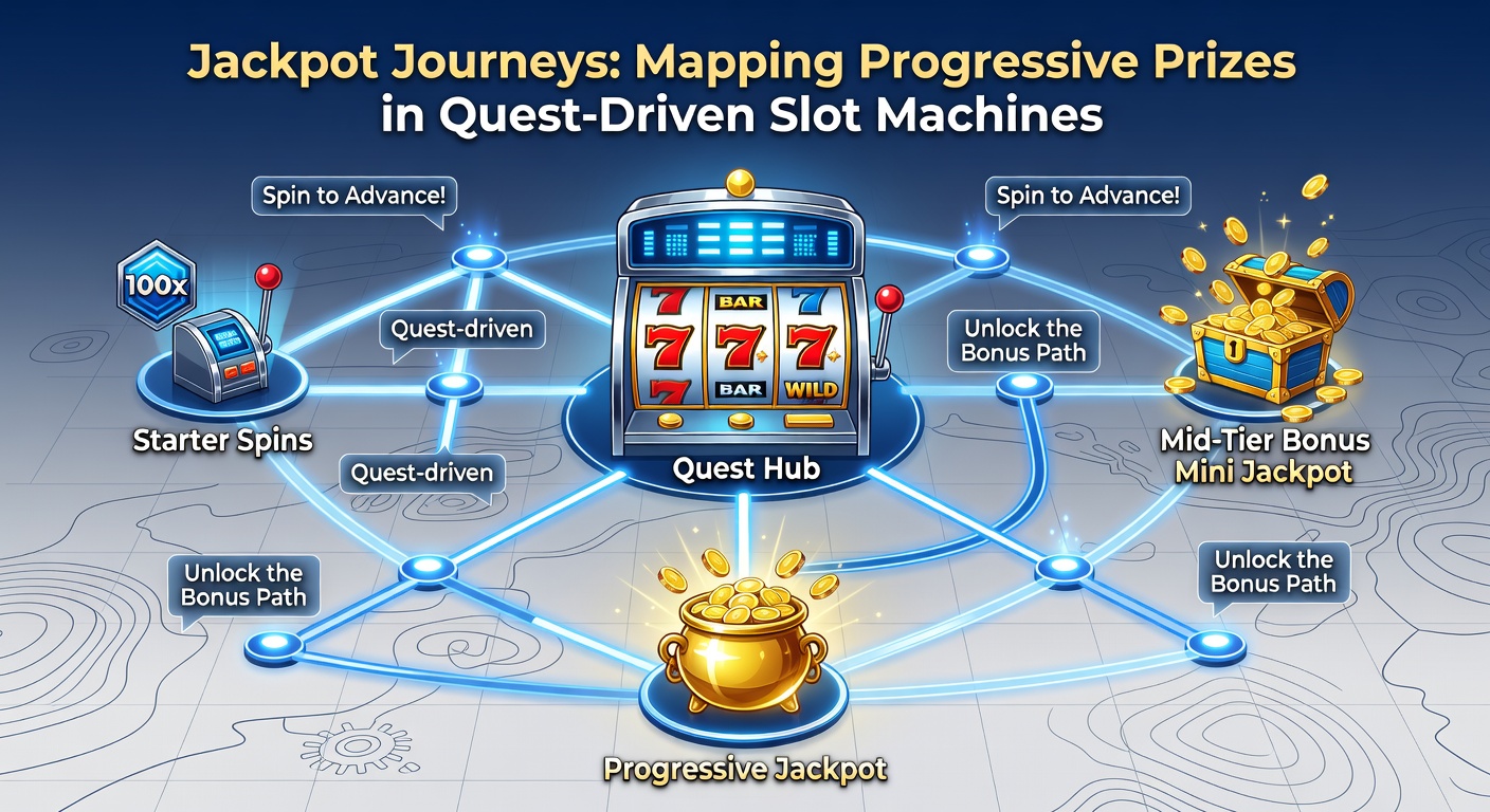 Close-up of a quest slot interface showing a treasure map with progressive jackpot meters filling up, paths lit by player progress, and bonus trails leading to mega prizes