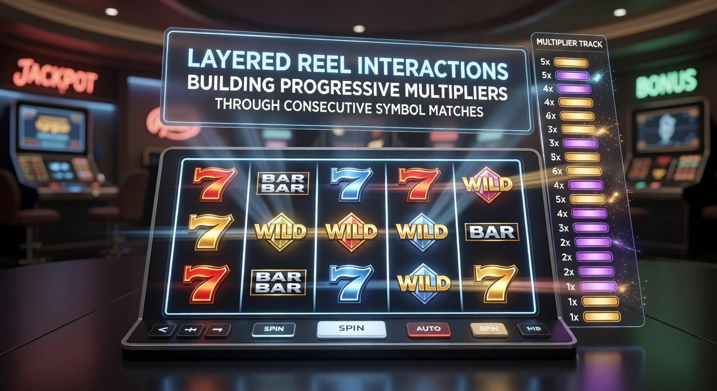 Layered reel setup showing consecutive symbol matches building multipliers across virtual casino reels