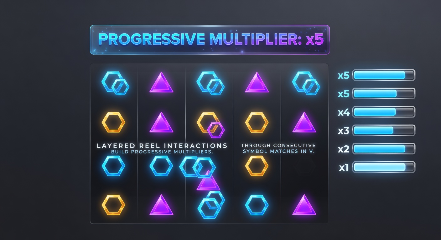 Animated view of multipliers accumulating through layered reel connections during consecutive matches