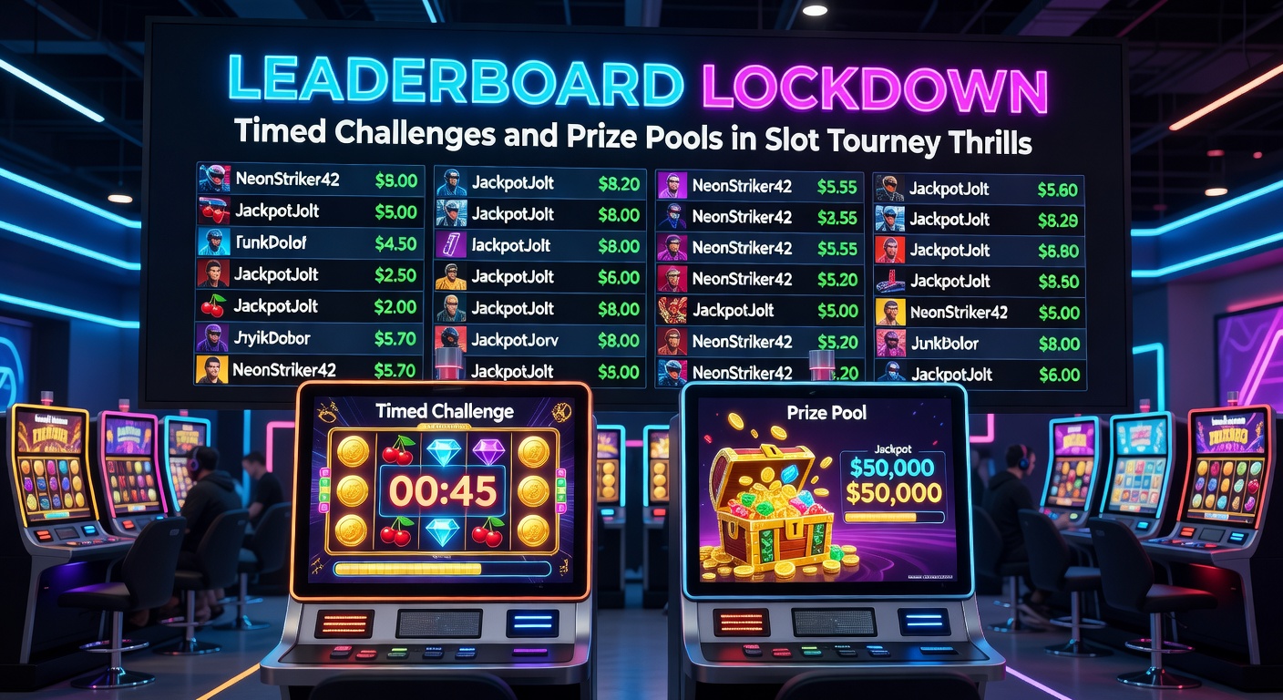 Vibrant slot tournament leaderboard displaying top players' scores amid flashing lights and cheering crowds