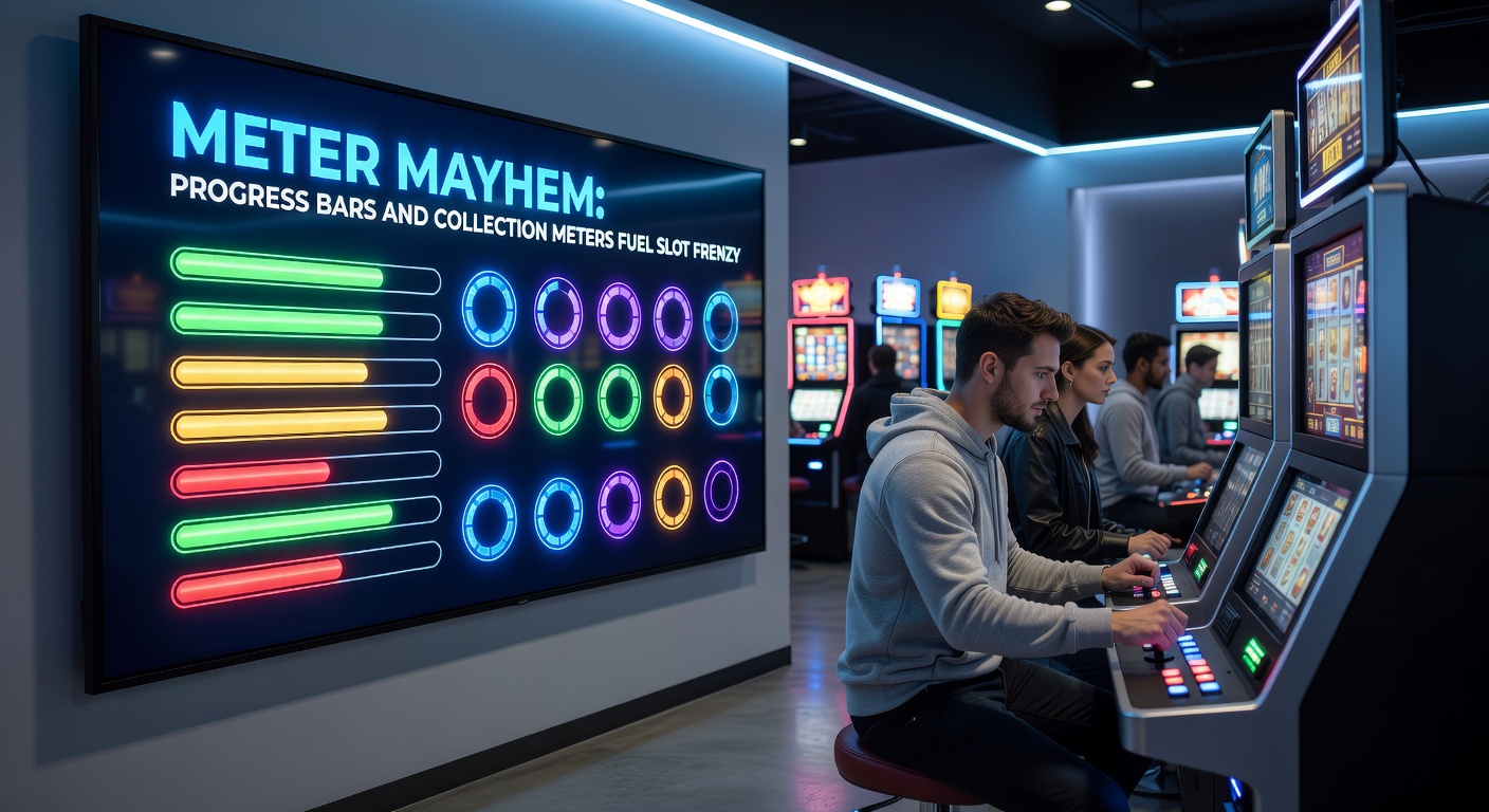 Close-up of a slot game's collection meter overflowing with stacked symbols, triggering fireworks and jackpot notifications on a dynamic paytable background