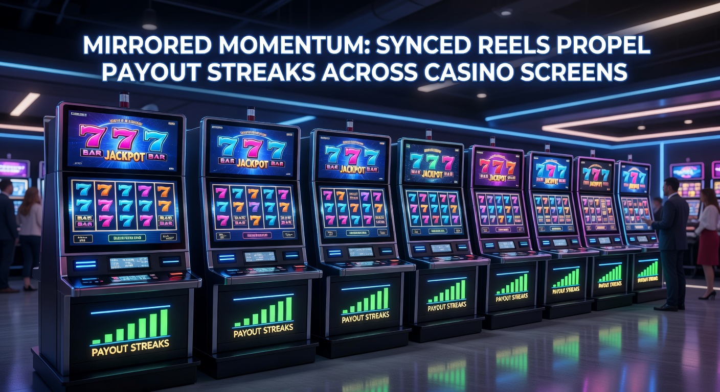 Vibrant slot machine screens displaying synced reels with matching symbols across multiple rows, creating extended payout lines and cascading wins