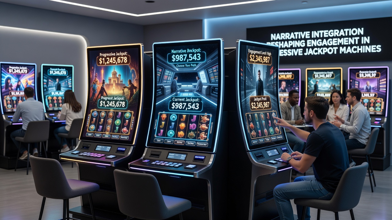 Split view of mobile and desktop progressive slot screens with story chapter indicators and jackpot counters