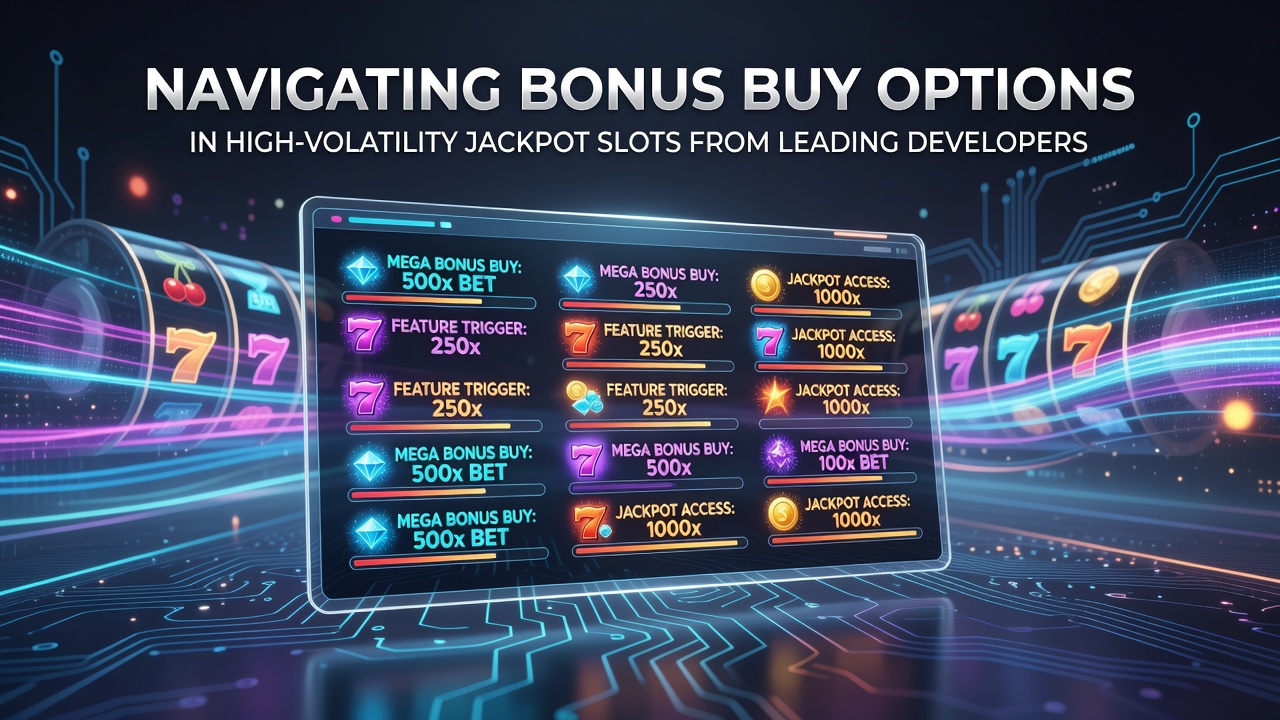 High-volatility jackpot slot interface showing bonus buy menu options with progressive meter active