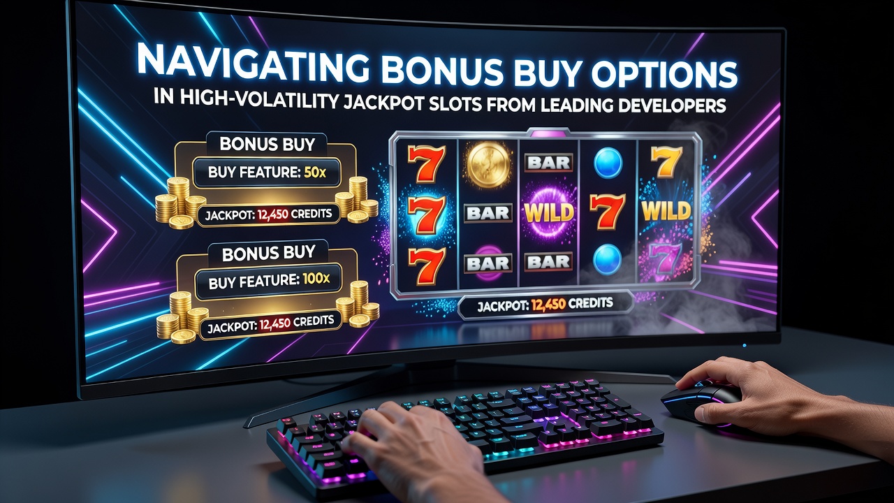 Close-up of a high-volatility jackpot slot bonus buy screen with multiple purchase tiers and RTP indicators