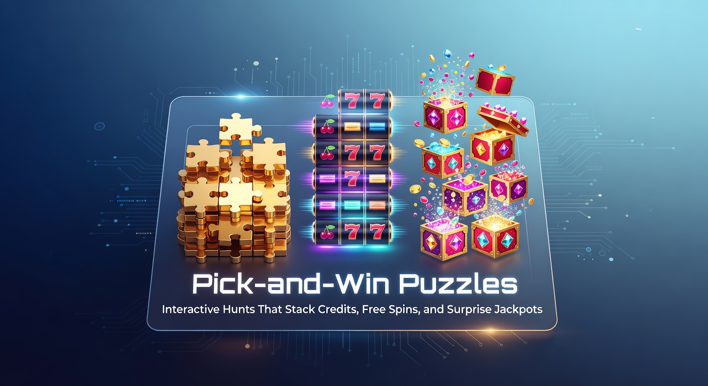 Vibrant slot screen showing a pick-and-win puzzle with glowing treasure chests and prize reveals in a mystical adventure theme