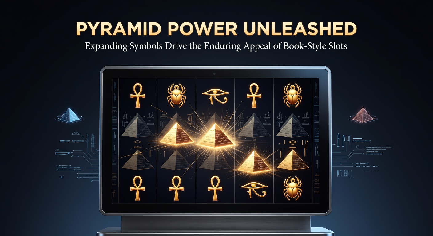 Dynamic slot screen capture showing a massive pyramid symbol expanding across three reels in a book-style free spins round, stacking wins with golden scarabs and pharaoh icons