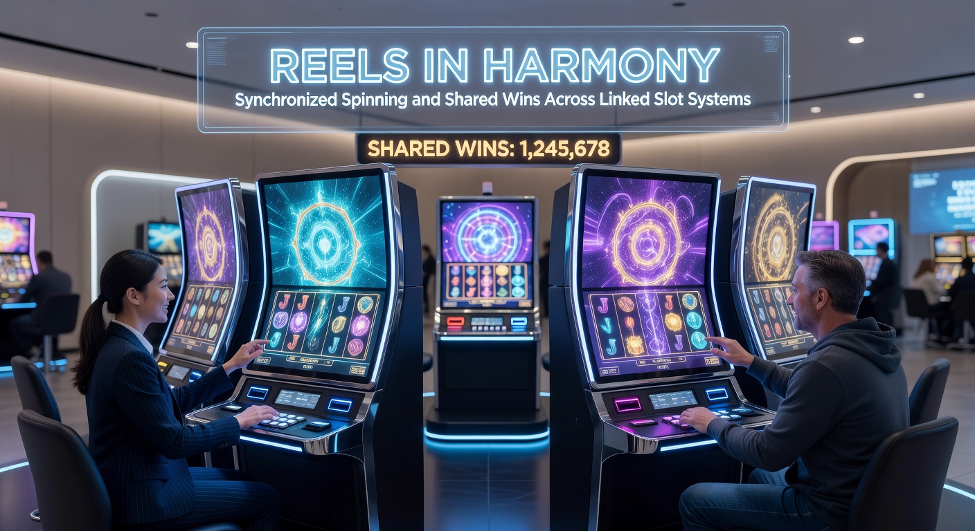 A vibrant casino floor filled with rows of linked slot machines displaying synchronized reels and glowing progressive jackpots, capturing the electric atmosphere of shared spins