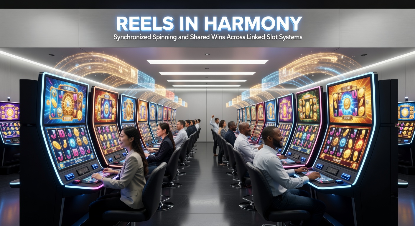 Close-up of synchronized slot reels across multiple machines, with matching symbols igniting bonus lights and a central jackpot meter climbing rapidly amid cheering players