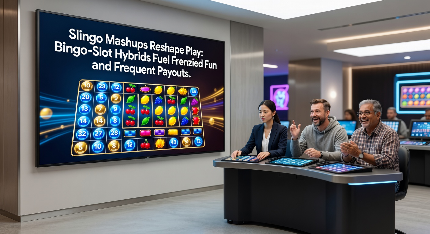 Vibrant Slingo game screen showing a 5x5 bingo grid merged with spinning slot reels, highlighting matched lines and bonus symbols for instant payouts