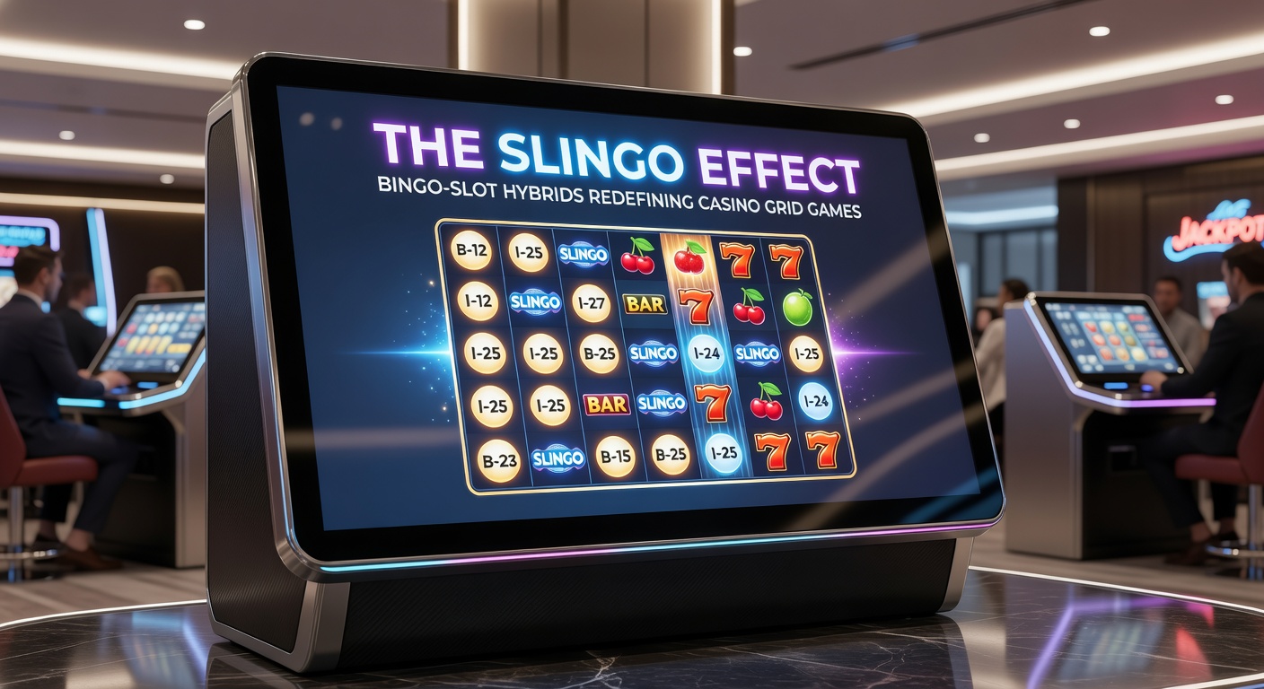 Vibrant Slingo game grid showing numbered balls, slot reels, and hybrid win lines blending bingo cards with spinning symbols