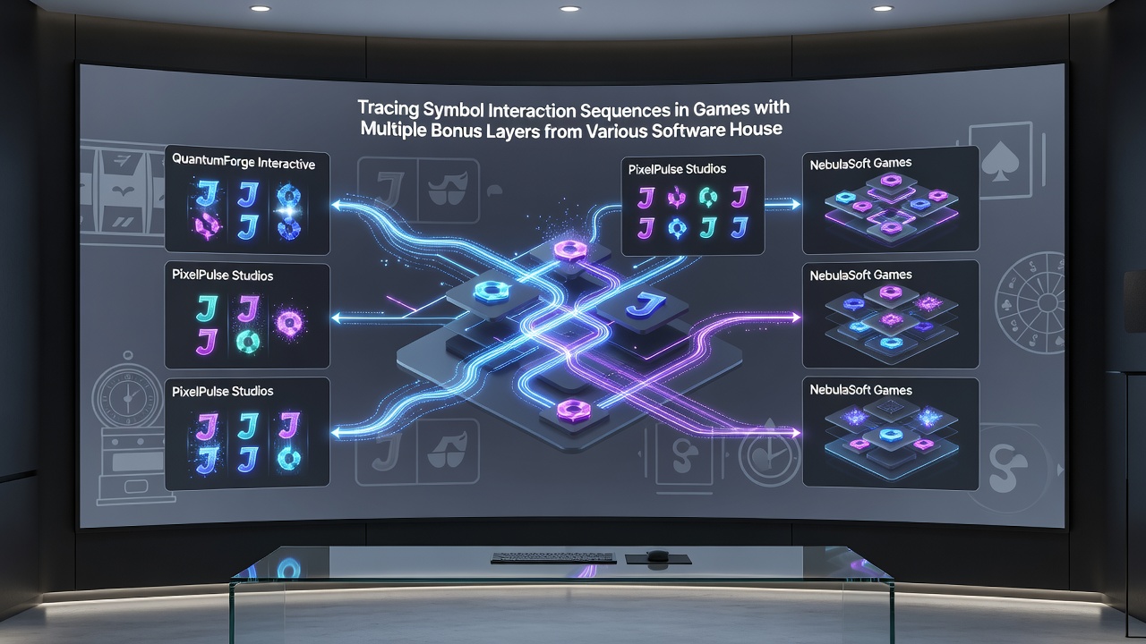 Screenshot of symbol tracing interface highlighting bonus layer transitions in a multi-studio slot title