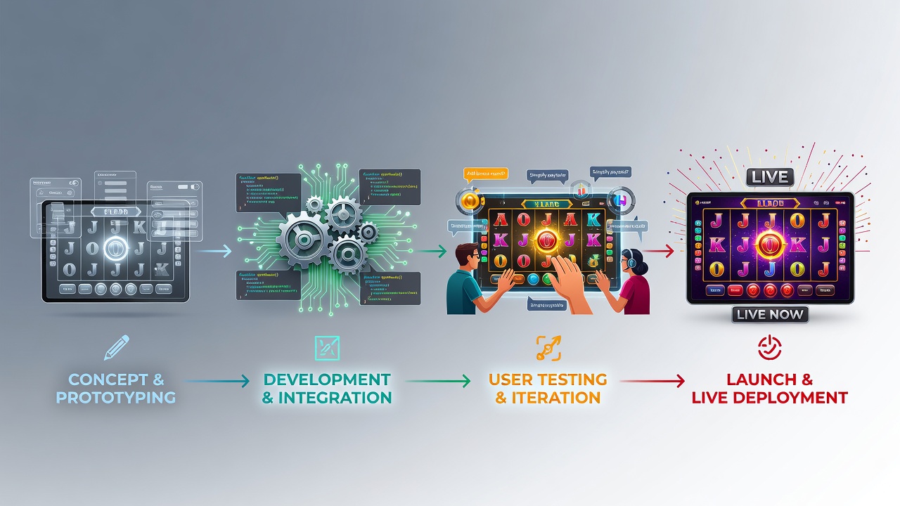 Developers reviewing interactive slot interface prototypes during testing phases with multiple device screens displayed