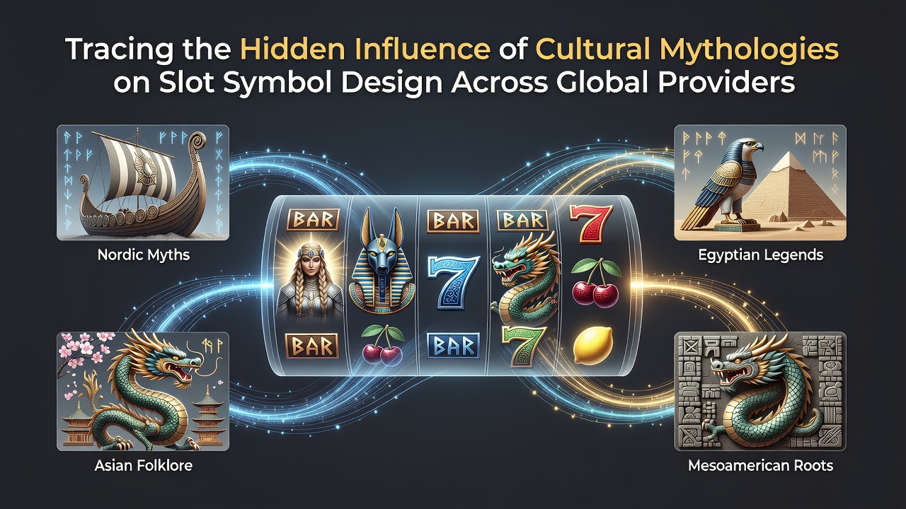Slot symbols inspired by ancient mythologies from various cultures displayed on a digital reel interface